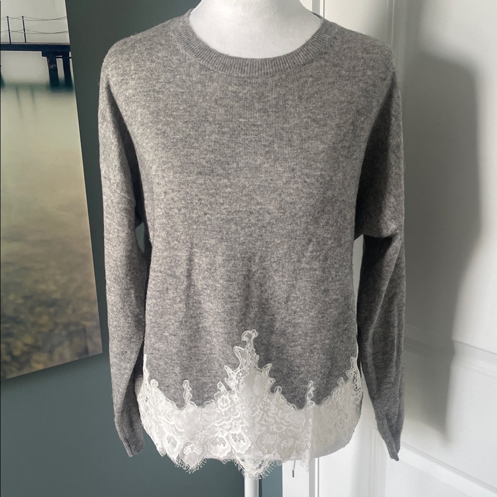 The Kooples NWOT Gray Sweater with White Lace Hem